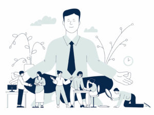 Illustration of a business man meditating with small busy people nearby representing how a person can practice meditation to focus in their daily life. Our therapists often work with busy professionals in the Philadelphia area so they can maximize productivity by harnessing the power of mindfulness to improve their mental health.
